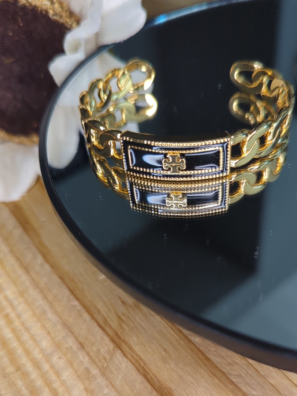 Tory Burch Gold Black Enamel Inlay Women's Cuff Bracelet with Logo Accent